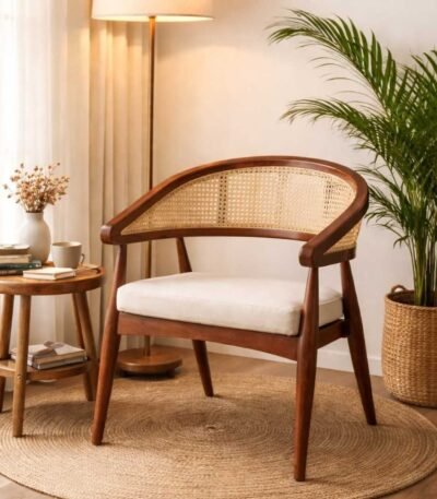 Restaurant cane armchair in solid sheesham wood with cane back