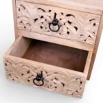 Carved bedside table in solid sheesham wood with handcarved floral design and natural finish