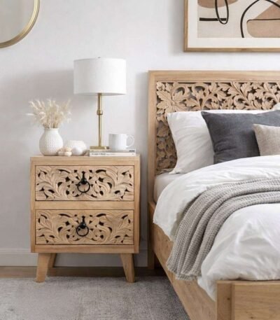Carved bedside table in solid sheesham wood with handcarved floral design and natural finish