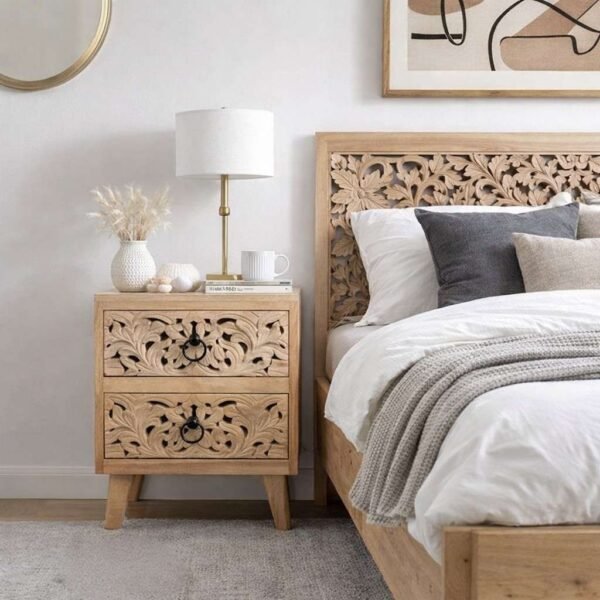 Carved bedside table in solid sheesham wood with handcarved floral design and natural finish