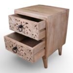 Carved bedside table in solid sheesham wood with handcarved floral design and natural finish