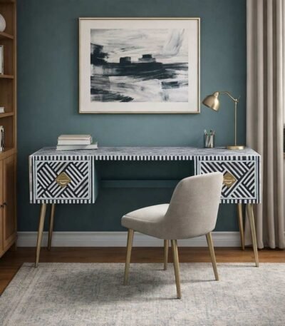 Black white bone inlay study table in luxury home office interior