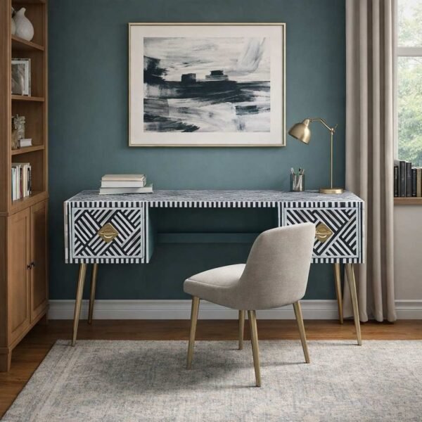 Black white bone inlay study table in luxury home office interior