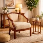 Sheesham wood cane armchair with cushioned seat for restaurant use