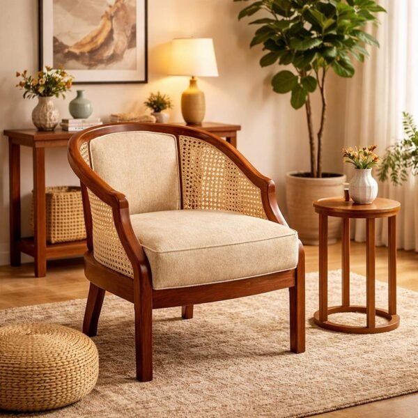 Sheesham wood cane armchair with cushioned seat for restaurant use