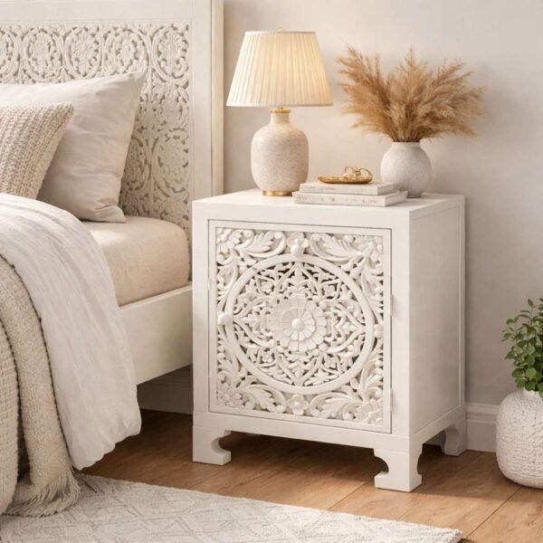 Carved bedside table handcrafted from solid mango wood with floral detailing and white polished finish