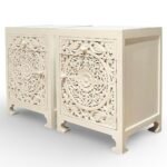 Carved bedside table handcrafted from solid mango wood with floral detailing and white polished finish