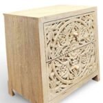 Handcarved nightstant made from solid mango wood featuring detailed floral carving and natural finish