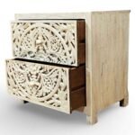 Handcarved nightstant made from solid mango wood featuring detailed floral carving and natural finish