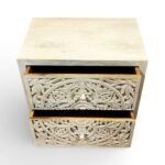 Handcarved nightstant made from solid mango wood featuring detailed floral carving and natural finish