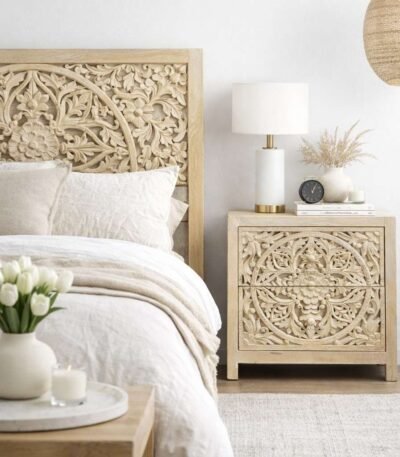 Handcarved nightstant made from solid mango wood featuring detailed floral carving and natural finish