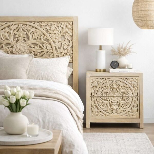 Handcarved nightstant made from solid mango wood featuring detailed floral carving and natural finish