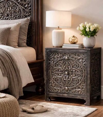 Wooden decorative nightstand crafted from solid mango wood featuring intricate floral carving and dark finish