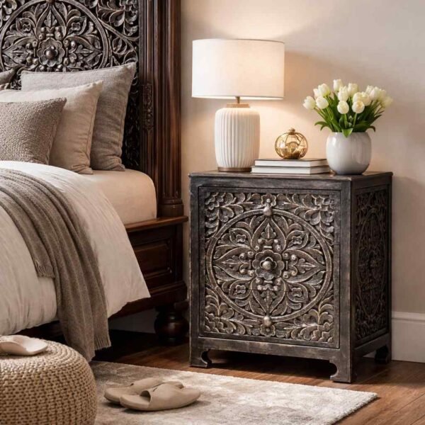 Wooden decorative nightstand crafted from solid mango wood featuring intricate floral carving and dark finish