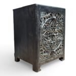 Wooden decorative nightstand crafted from solid mango wood featuring intricate floral carving and dark finish