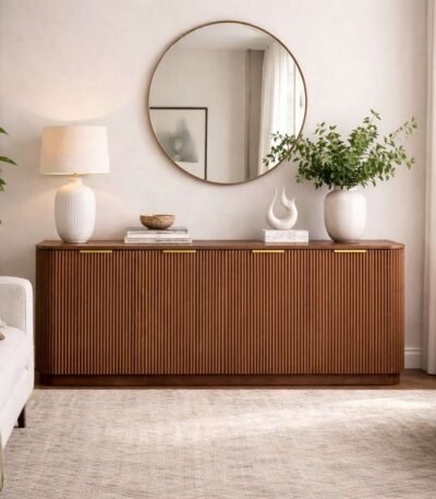 Mango wood console table with fluted design and storage
