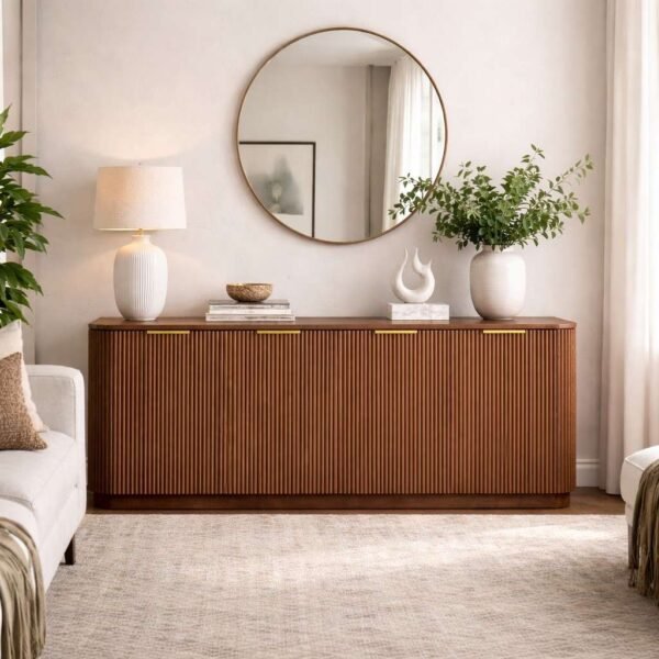 Mango wood console table with fluted design and storage