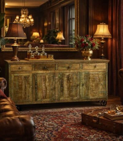 distressed finish console table with solid wood storage and cast iron wheels