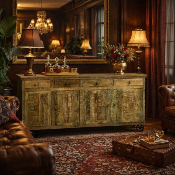 distressed finish console table with solid wood storage and cast iron wheels