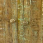 distressed finish console table with solid wood storage and cast iron wheels