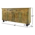 distressed finish console table with solid wood storage and cast iron wheels