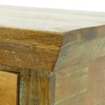distressed finish console table with solid wood storage and cast iron wheels
