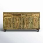 distressed finish console table with solid wood storage and cast iron wheels