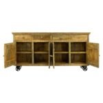 distressed finish console table with solid wood storage and cast iron wheels