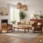 Sheesham 5-seater sofa single chair in honey finish with beige cushions