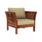 Sheesham 5-seater sofa single chair in honey finish with beige cushions