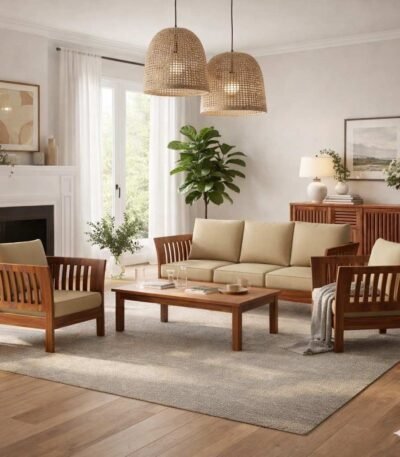 Sheesham 5-seater sofa single chair in honey finish with beige cushions