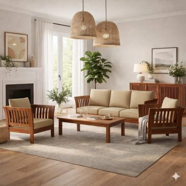 Sheesham 5-seater sofa single chair in honey finish with beige cushions