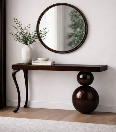Solidra designer wooden console table in solid wood with sculptural base