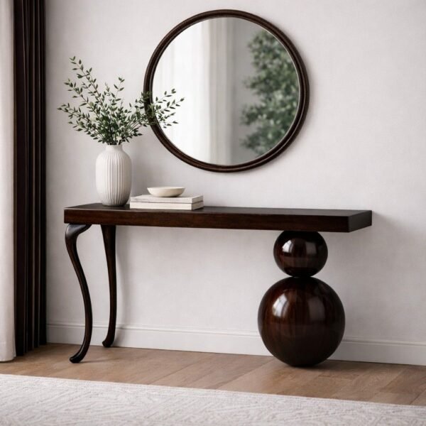 Solidra designer wooden console table in solid wood with sculptural base