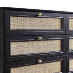 Red cane chest of drawer made from solid mango wood featuring six cane panel drawers and mid century style wooden legs.