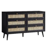 Red cane chest of drawer made from solid mango wood featuring six cane panel drawers and mid century style wooden legs.