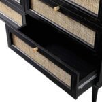 Red cane chest of drawer made from solid mango wood featuring six cane panel drawers and mid century style wooden legs.