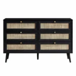 Red cane chest of drawer made from solid mango wood featuring six cane panel drawers and mid century style wooden legs.