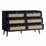 Red cane chest of drawer made from solid mango wood featuring six cane panel drawers and mid century style wooden legs.