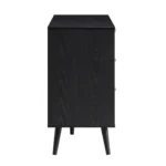 Red cane chest of drawer made from solid mango wood featuring six cane panel drawers and mid century style wooden legs.