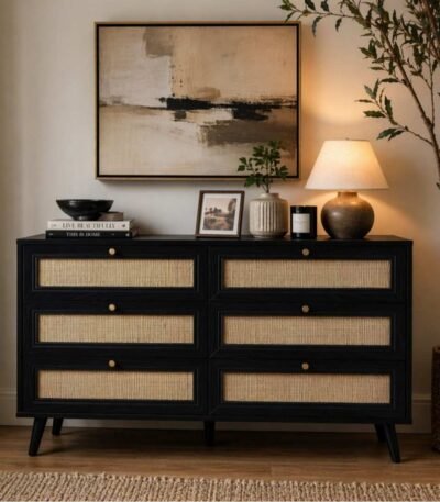 Red cane chest of drawer made from solid mango wood featuring six cane panel drawers and mid century style wooden legs.
