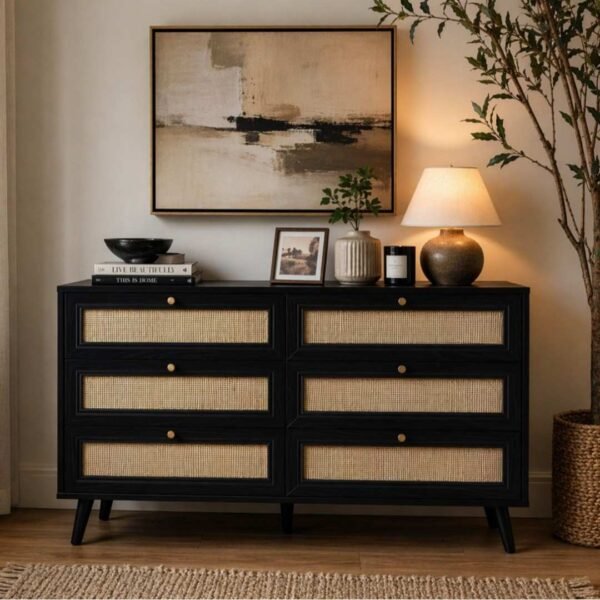 Red cane chest of drawer made from solid mango wood featuring six cane panel drawers and mid century style wooden legs.