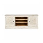 Elegant handcrafted mango wood TV cabinet in white distressed finish with rustic carved detailing.