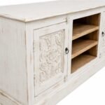 Elegant handcrafted mango wood TV cabinet in white distressed finish with rustic carved detailing.