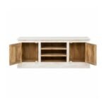 Elegant handcrafted mango wood TV cabinet in white distressed finish with rustic carved detailing.