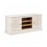 Elegant handcrafted mango wood TV cabinet in white distressed finish with rustic carved detailing.