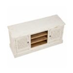 Elegant handcrafted mango wood TV cabinet in white distressed finish with rustic carved detailing.