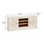 Elegant handcrafted mango wood TV cabinet in white distressed finish with rustic carved detailing.