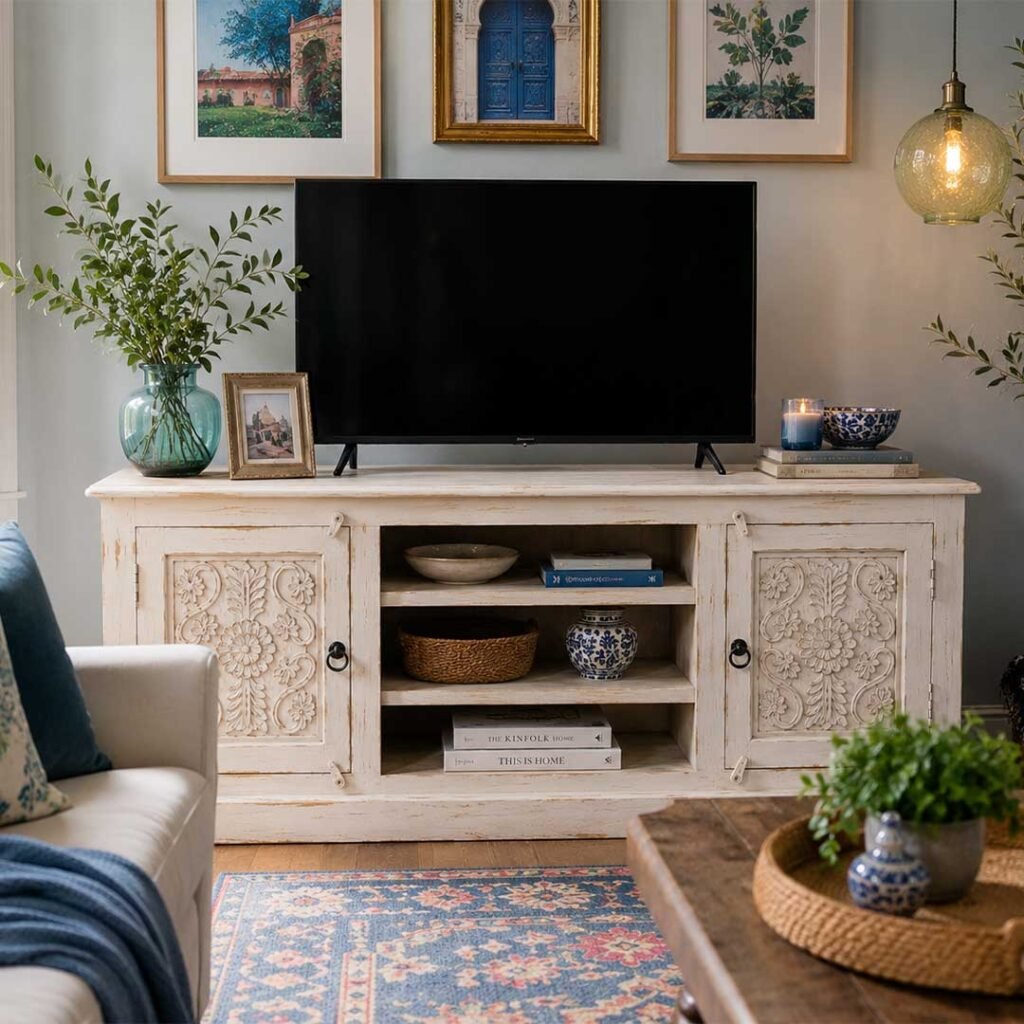 Elegant handcrafted mango wood TV cabinet in white distressed finish with rustic carved detailing.