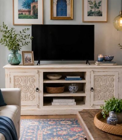Elegant handcrafted mango wood TV cabinet in white distressed finish with rustic carved detailing.